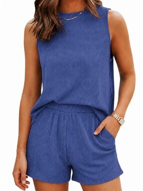 Sleeveless Blue Ribbed Short set with Elastic Waist